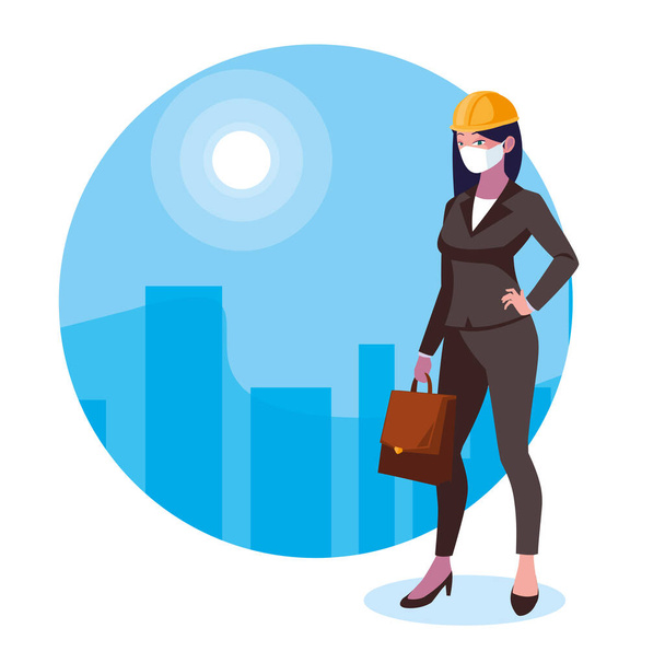 Architect woman with mask and helmet vector design - Vector, Image