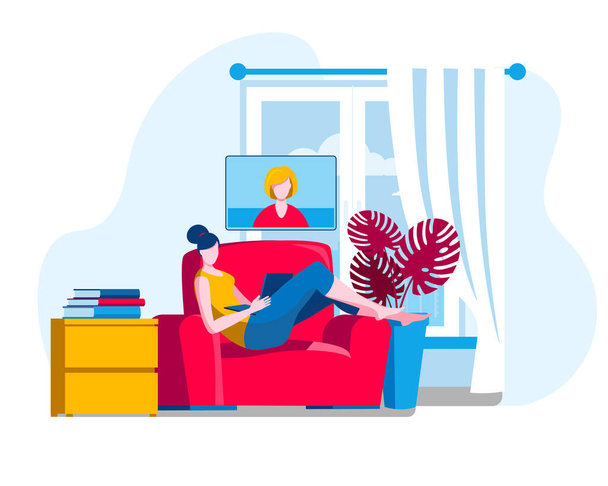 A girl in a chair with a laptop watching a webinar. - Vector, Image