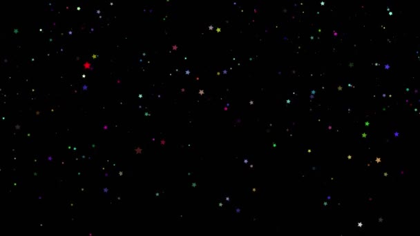 Abstracte feestelijke magische achtergrond. Twinkelende, glitterkleurige deeltjes in stervorm die op zwarte achtergrond vallen. Vliegende, flikkerende sterren schitteren . - Video