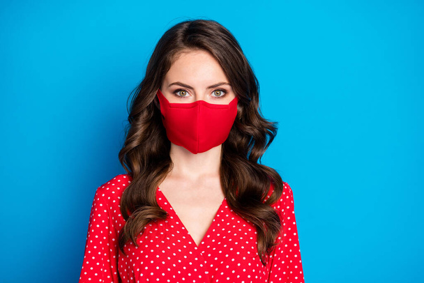 Closeup photo of nice pretty millennial curly lady responsible citizen dressed dotted red shirt blouse dress protective facial respiratory mask isolated blue color background - Zdjęcie, obraz
