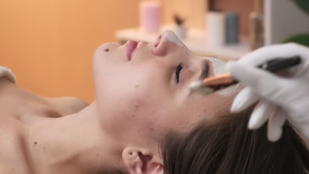 Gesichtsbehandlung. Schöne Frau bekommt Gesichtsmaske im Wellness-Salon - Filmmaterial, Video
