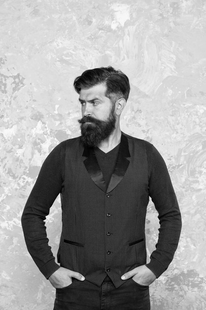 Looking trendy. Vintage barber hairdresser. Male fashion and beauty. Confident guy beauty salon. brutal man mustache. stylish well-trimmed mustaches looking good. Bearded hipster formal outfit - 写真・画像