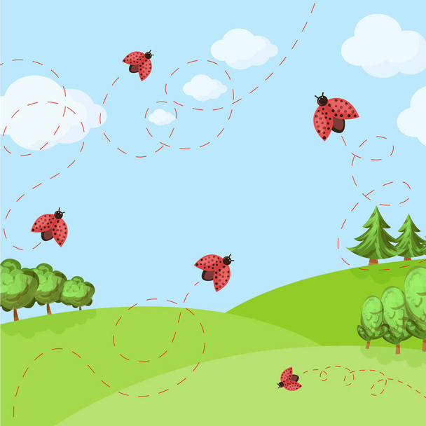 весенний фон с божьей коровкой на поле и голубым небом. векторная иллюстрация для баннера или обложки
 - Вектор,изображение