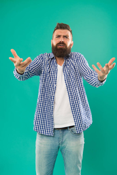 Who are you. Depreciation and neglect. Disregard and disrespect. Bearded hipster brutal person. Bully hipster concept. Arrogant rude hipster man. Communication and gesturing. Expressive manners - Foto, Imagen