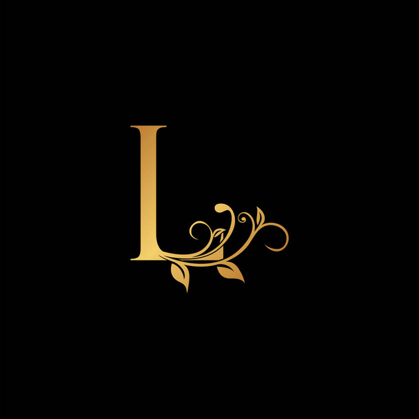 Golden floral letter L logo Icon, Luxury alphabet font initial vector design isolated on black background. - Vector, Image