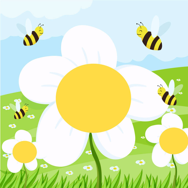 spring background with daisies on the field and blue sky. vector illustration for a banner or cover - Wektor, obraz