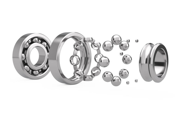 Набір блискучих підшипників сталевих кульок Chrome з одним вирізом, де видно внутрішні частини на білому тлі. 3D рендерингу
 - Фото, зображення