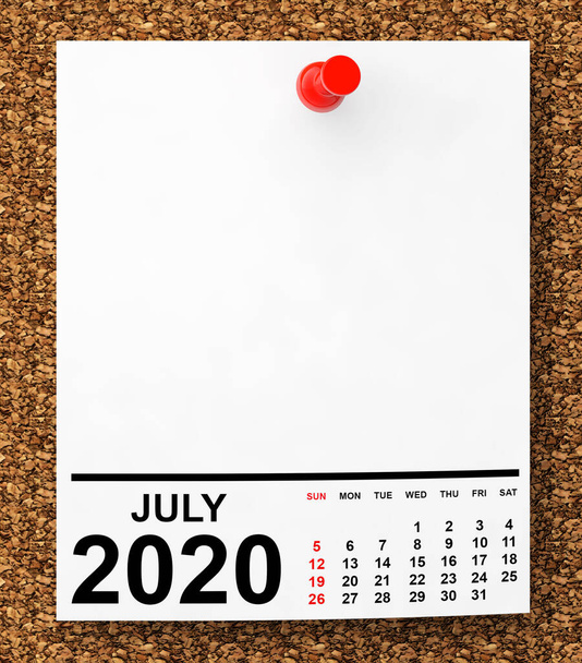 Kalenderblatt Juli 2020 auf Blanko-Notizpapier mit freiem Speicherplatz für Ihren Text.3d Rendering - Foto, Bild