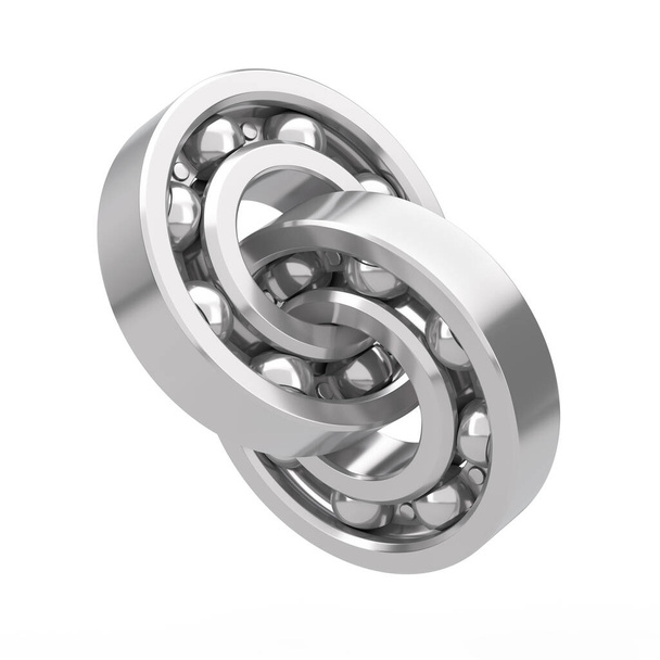 Two Connected Shiny Chrome Steel Ball Bearings on a white background. 3d Rendering - Photo, Image