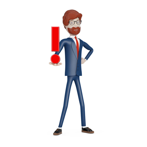 Rajzfilm karakter üzletember piros felkiáltójel a kezében egy fehér háttér. 3d Kiolvasztás - Fotó, kép
