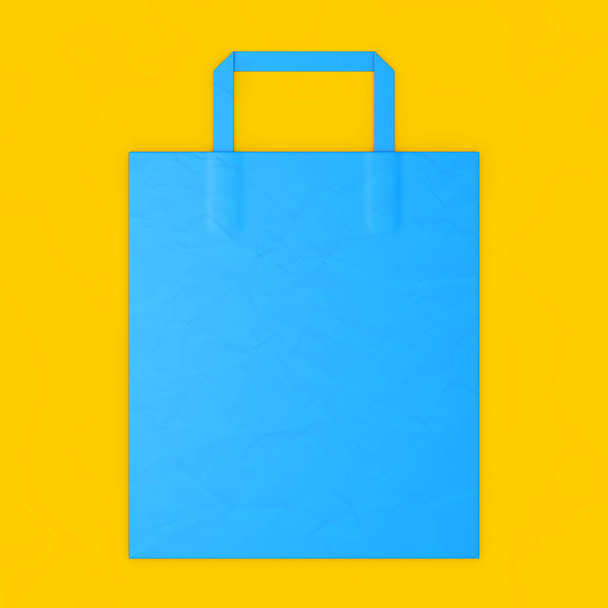 Blue Craft Paper Bag Mockup mit Blank Space for Your Design auf gelbem Hintergrund. 3D-Darstellung - Foto, Bild