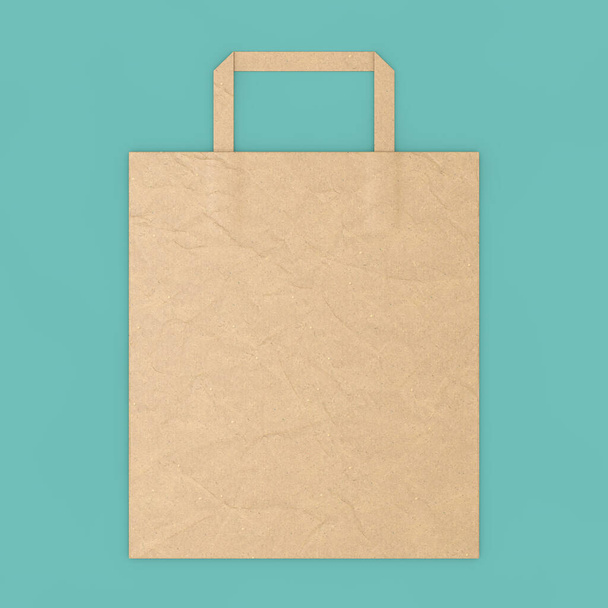 Brown Craft Paper Bag Mockup with Blank Space for Your Design on a blue background. 3d Rendering - Photo, Image