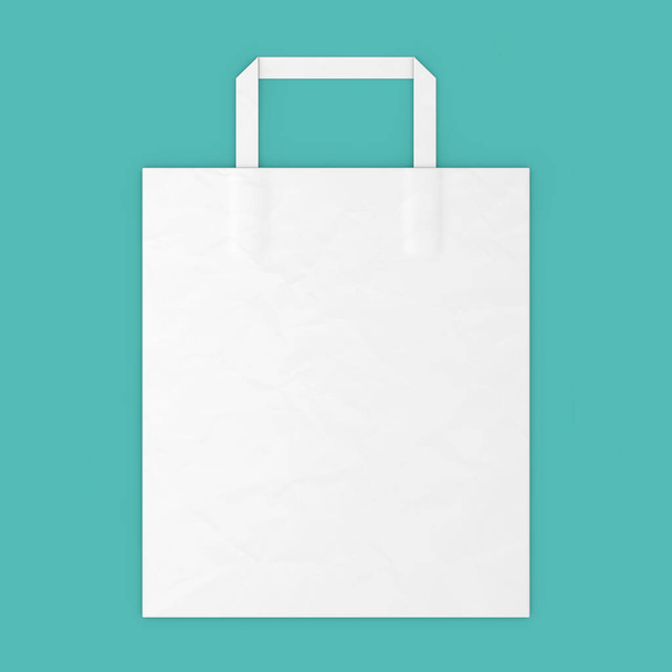 Burla de bolsa de papel blanco con espacio en blanco para su diseño sobre un fondo azul. Renderizado 3d
 - Foto, Imagen