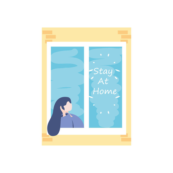 stay at home campaign, woman in the house window - Vector, Image