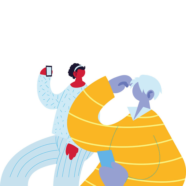 Мужской и женский мультфильм с векторным дизайном смартфонов
 - Вектор,изображение