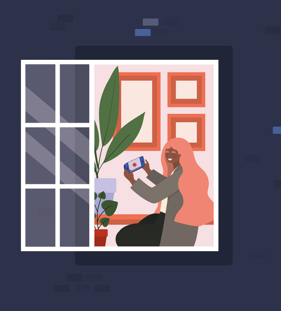 Femme avec smartphone à la fenêtre de conception vectorielle bâtiment bleu
 - Vecteur, image
