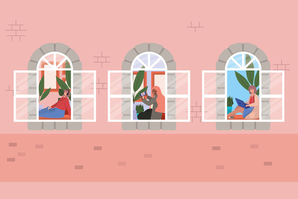 Mulheres com smartphone na janela de design de vetor de construção rosa
 - Vetor, Imagem