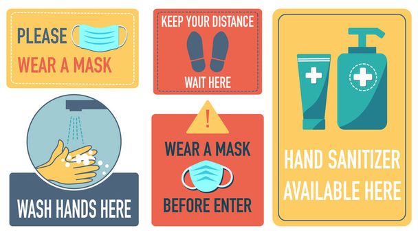 Conjunto de signos de distanciamiento social, por favor use una máscara, precaución, lavarse las manos aquí, desinfectante de manos disponible aquí
. - Vector, imagen
