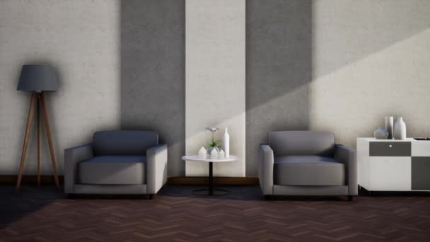 interiérový design bílého obývacího pokoje s nábytkem, zpomalení otáčení záběru, video ultra HD 4K 3840x2160, 3D animace - Záběry, video