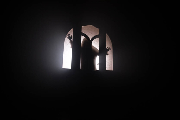 閉じたガラスのドアを通ってドアの上に未知の影の姿のシルエット。背景に煙と夜の不気味なシルエットの女の子 - 写真・画像