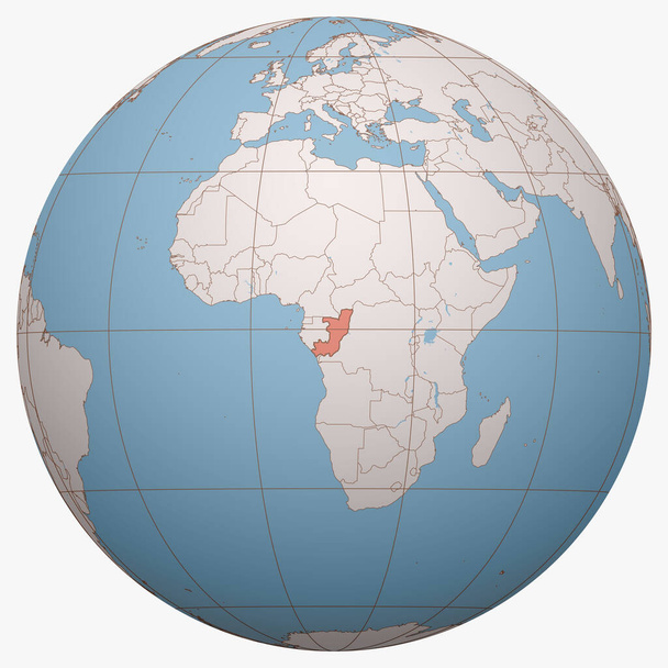 Congo en el mundo. Hemisferio terrestre centrado en la ubicación de la República del Congo. Congo-Brazzaville mapa
. - Vector, imagen
