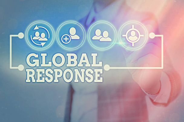Kirjoitan viestiä, jossa näkyy Global Response. Business valokuva esillepano osoittaa käyttäytymistä materiaalin pois iskukohdan
. - Valokuva, kuva