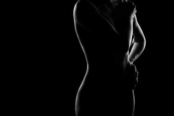 A silhouette of a naked woman with a magnificent figure covering her beautiful Breasts with her hands. - Foto, afbeelding