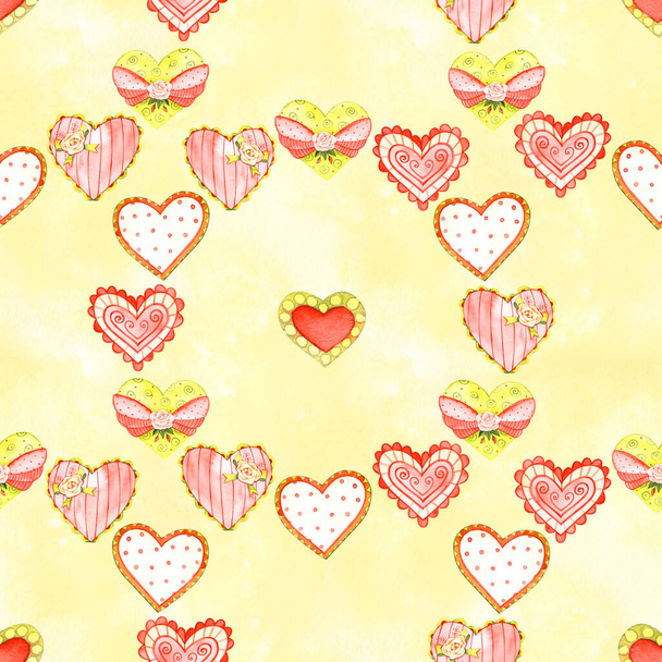 Seamless pattern with yellow hearts. Hand drawn illustration. Decorative elements for design. Creative art work - Photo, Image