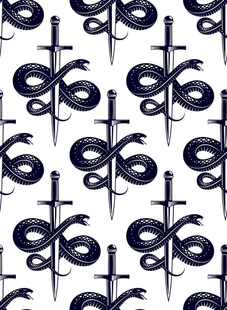 Seamless snakes pattern in vintage drawing style, dangerous poisoned reptiles vector background, endless tiling wallpaper, subculture rock n roll and hard rock theme. - Vektor, kép
