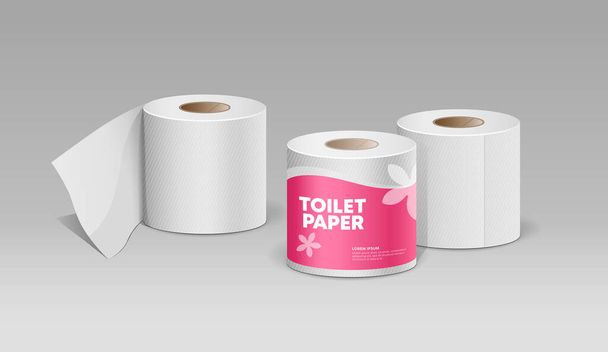 Plastic roll tissue roze pakket, en toilet wit papier, ontwerp collectie achtergrond, vector illustratie - Vector, afbeelding
