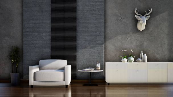 μοντέρνο σαλόνι και σοφίτα γκρι τοίχο φόντο εσωτερικό σχεδιασμό, 3D απόδοση - Φωτογραφία, εικόνα