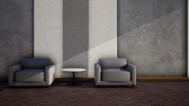 belső kialakítás modern loft stílusú nappali, videó 3d renderelés, pan bal oldali lövés - Felvétel, videó