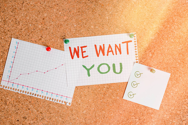 Writing note showing We Want You. Business photo showcasing having a desire or would like an individual to do something Corkboard size paper thumbtack sheet billboard notice board. - Photo, Image