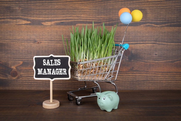 Sales manager έννοια. Καλάθια αγορών με πράσινο γρασίδι άνοιξη και κουμπαρά - Φωτογραφία, εικόνα