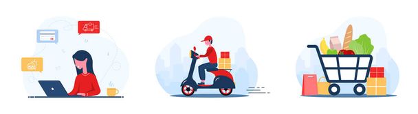 Online food order. Grocery delivery. A woman shop at an online store. Fast courier on the scooter. Shopping basket. Stay at home. Quarantine or self-isolation. Flat cartoon style. - Vector, Image