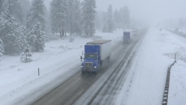 Lastwagen schleppen Container durch den Bundesstaat Washington und durch einen Schneesturm. - Filmmaterial, Video
