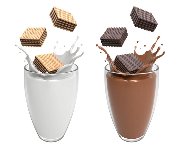 Wanilia i ciemne Wafer czekoladowy kwadrat spada w szklanych pasują do mleka i czekolady plusk wysokiej wapnia i białka w godzinach porannych lub w czasie spoczynku na białym tle, ilustracja 3D. - Zdjęcie, obraz