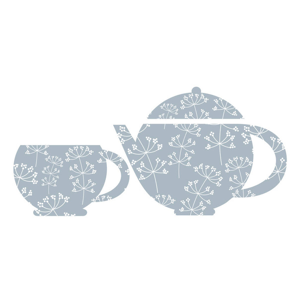 Teekanne und Tasse mit schönen floralen Ornamenten. Vektorzusammensetzungsvorlage für Design. Flacher Stil, weiße und blaue Farben. - Vektor, Bild