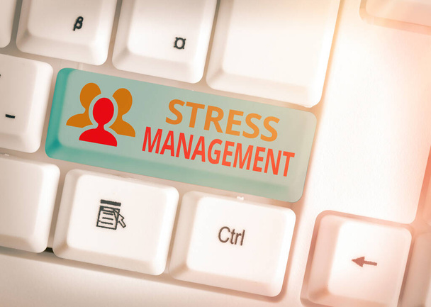 Manuscrito texto Stress Management. Conceito significado método de limitar o estresse e seus efeitos por maneiras de aprendizagem
. - Foto, Imagem