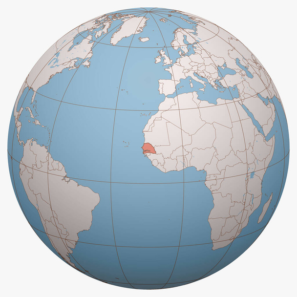 セネガルは世界中です。セネガル共和国の位置を中心とした地球半球。セネガル地図. - ベクター画像