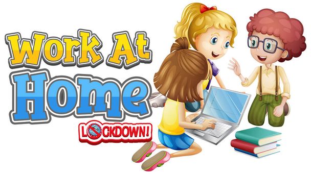 Font design for work from home with kids working on computer illustration - Vector, Image