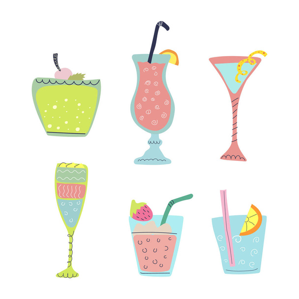 Cute and fun hand drawn cocktails set. Flat vector illustration for cafes and bars, summer design. - Vetor, Imagem