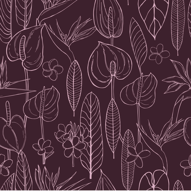 Hand  drawn tropical flowers.  Vector seamless pattern . - Vector, afbeelding