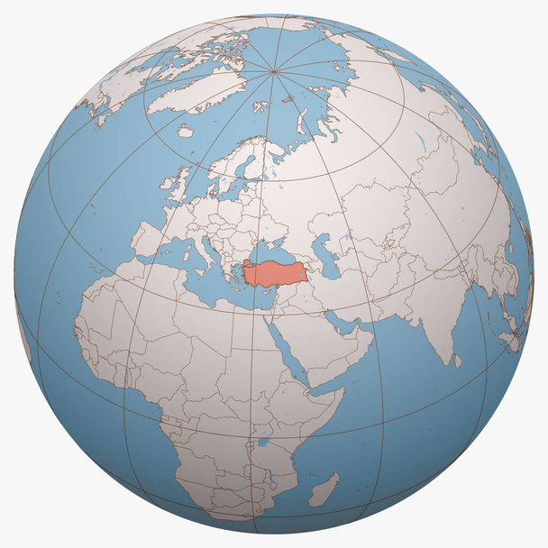 地球上のトルコ。トルコ共和国の位置を中心とした地球半球。トルコ地図. - ベクター画像