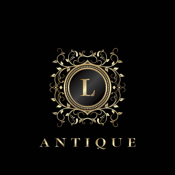 Вокруг логотипа Luxury Letter L. Античная элегантность векторного дизайна цветочный орнамент на раме круга с золотым винтажем. Векторный шаблон логотипа, свадебные ярлыки и значки
 - Вектор,изображение