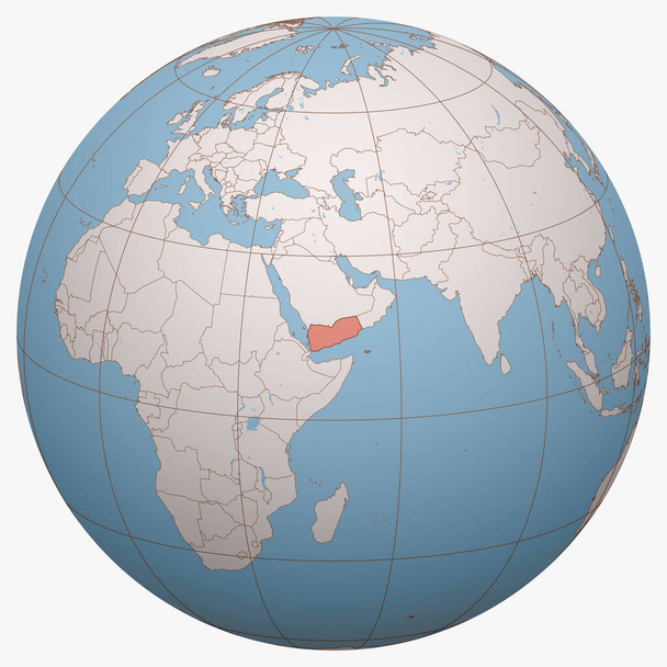 世界のイエメン。イエメン共和国の位置を中心とした地球半球。イエメン地図. - ベクター画像