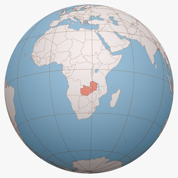 世界中のザンビア。ザンビア共和国の位置を中心とした地球半球。ザンビア地図. - ベクター画像
