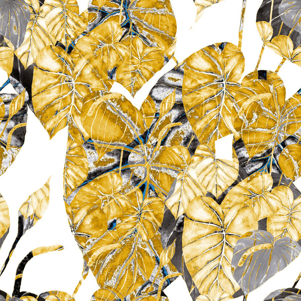 Σύγχρονη αφηρημένη αδιάλειπτη μοτίβο με υδατογραφία τροπικά φύλλα και λουλούδια για το σχεδιασμό των κλωστοϋφαντουργικών προϊόντων. Ρετρό φωτεινό καλοκαιρινό φόντο. Εικόνα φυλλώματος ζούγκλας. Βοτανικός σχεδιασμός μαγιό. Vintage εξωτικό αποτύπωμα. - Φωτογραφία, εικόνα