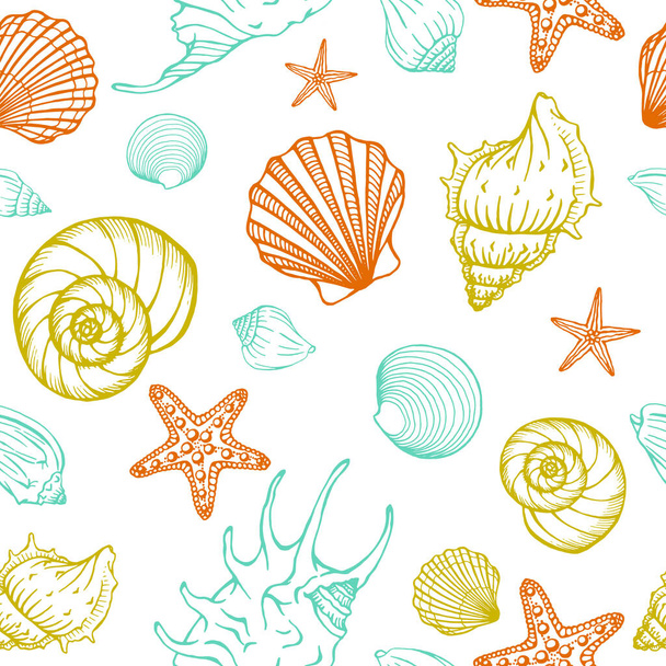 Seamless pattern with seashells, starfishes. Marine background.  Hand drawn vector illustration in sketch style. Perfect for greetings, invitations, coloring books, textile, wedding and web design. - Vector, Image