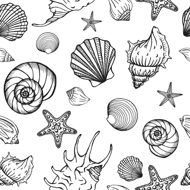 貝殻やヒトデとのシームレスな黒-白のパターン。海を背景に。手描きのベクトルイラストをスケッチスタイルで。挨拶、招待状、着色本、織物、結婚式、ウェブデザインに最適です。. - ベクター画像